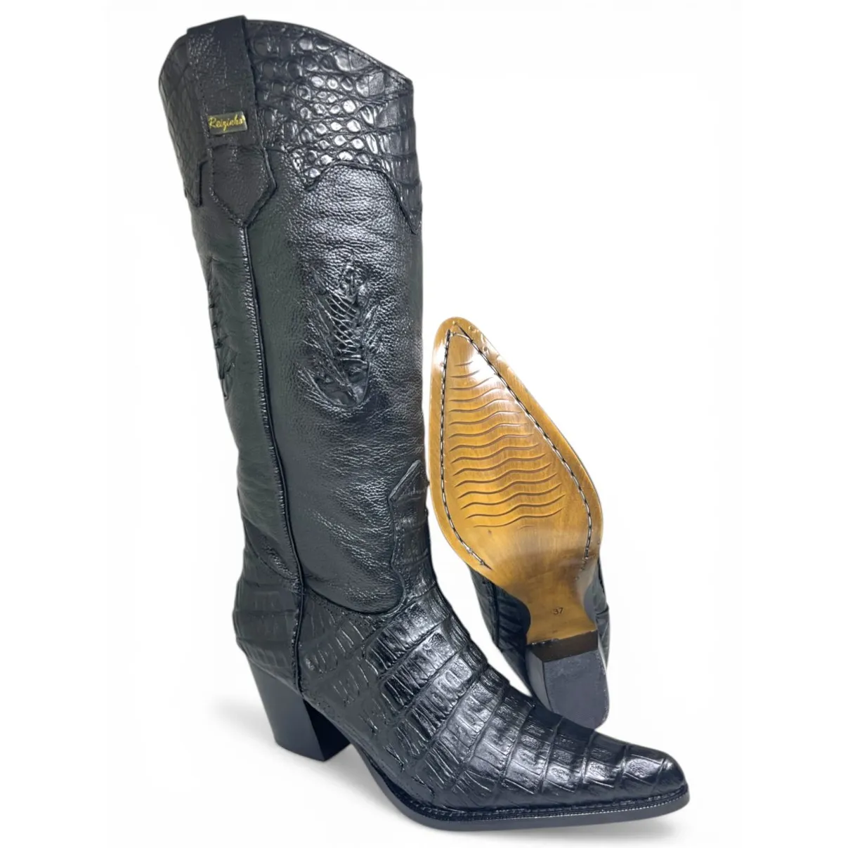 Bota Western Feminina de Couro Legítimo de Jacaré Preto - Cano Alto, Bico Fino | Reizinho Botas