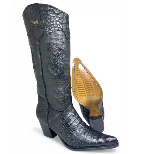 Bota Western Feminina de Couro Legítimo de Jacaré Preto - Cano Alto, Bico Fino | Reizinho Botas