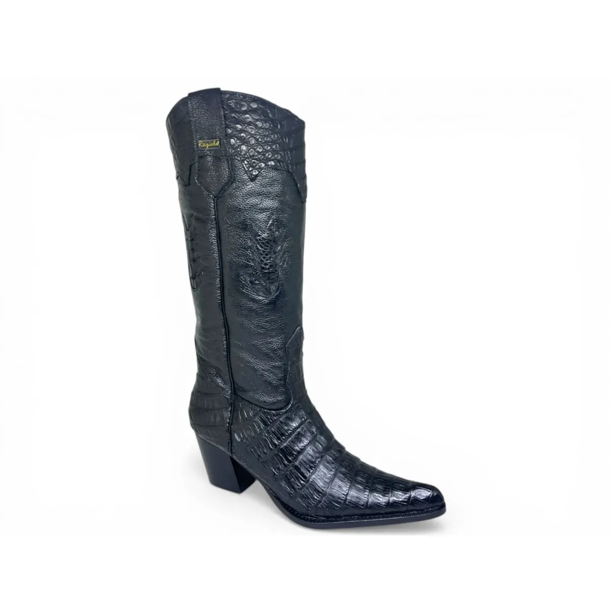 Bota Western Feminina de Couro Legítimo de Jacaré Preto - Cano Alto, Bico Fino | Reizinho Botas