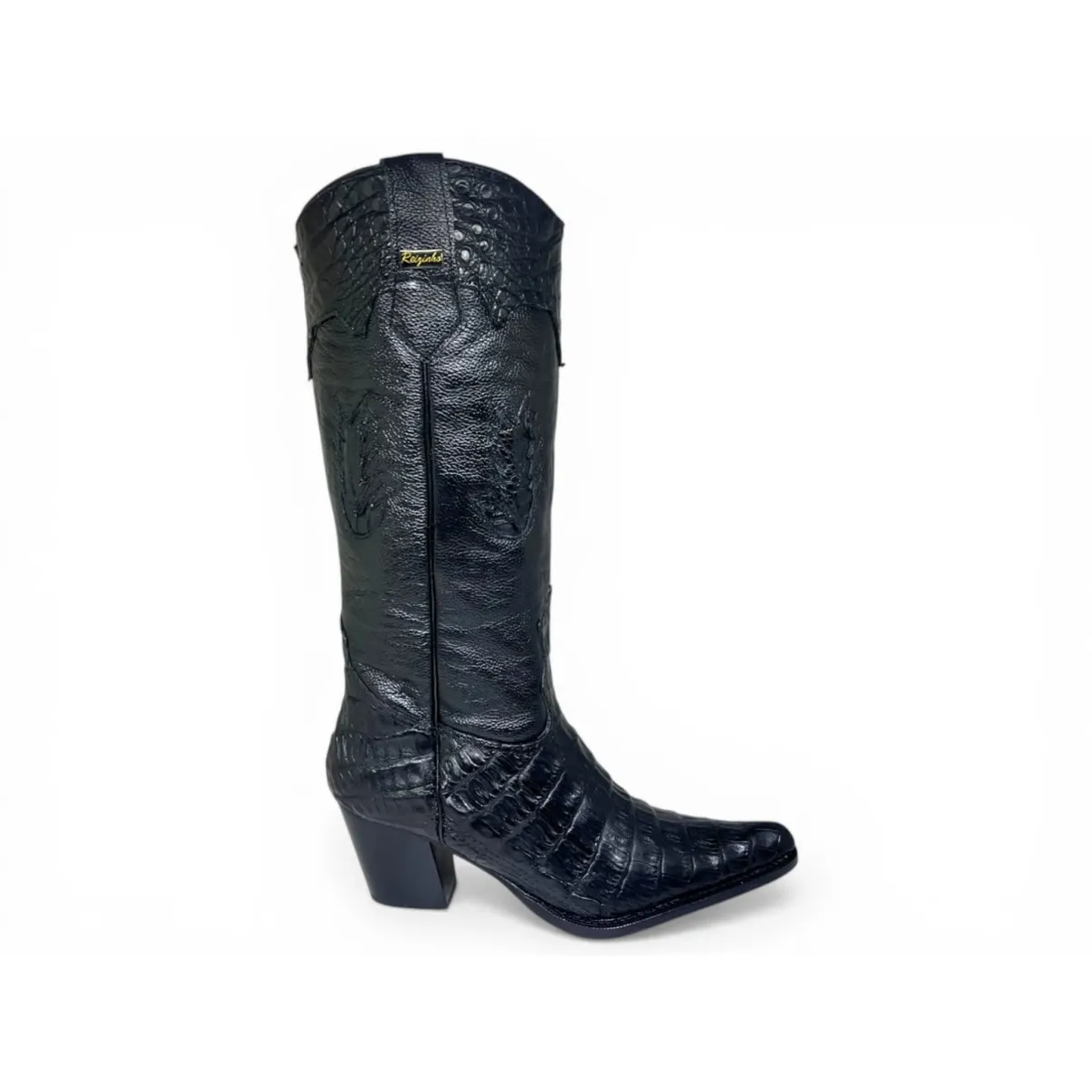 Bota Western Feminina de Couro Legítimo de Jacaré Preto - Cano Alto, Bico Fino | Reizinho Botas