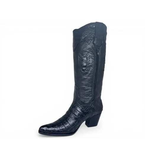 Bota Western Feminina de Couro Legítimo de Jacaré Preto - Cano Alto, Bico Fino | Reizinho Botas