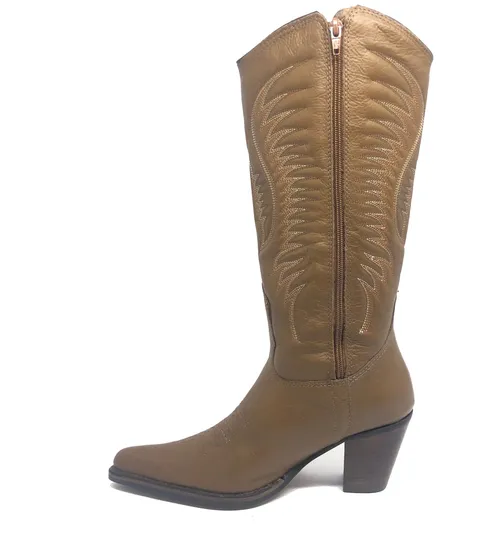 Bota Western Feminina de Couro Legítimo de Bovino Marrom - Cano Alto, Bico Fino | Reizinho Botas