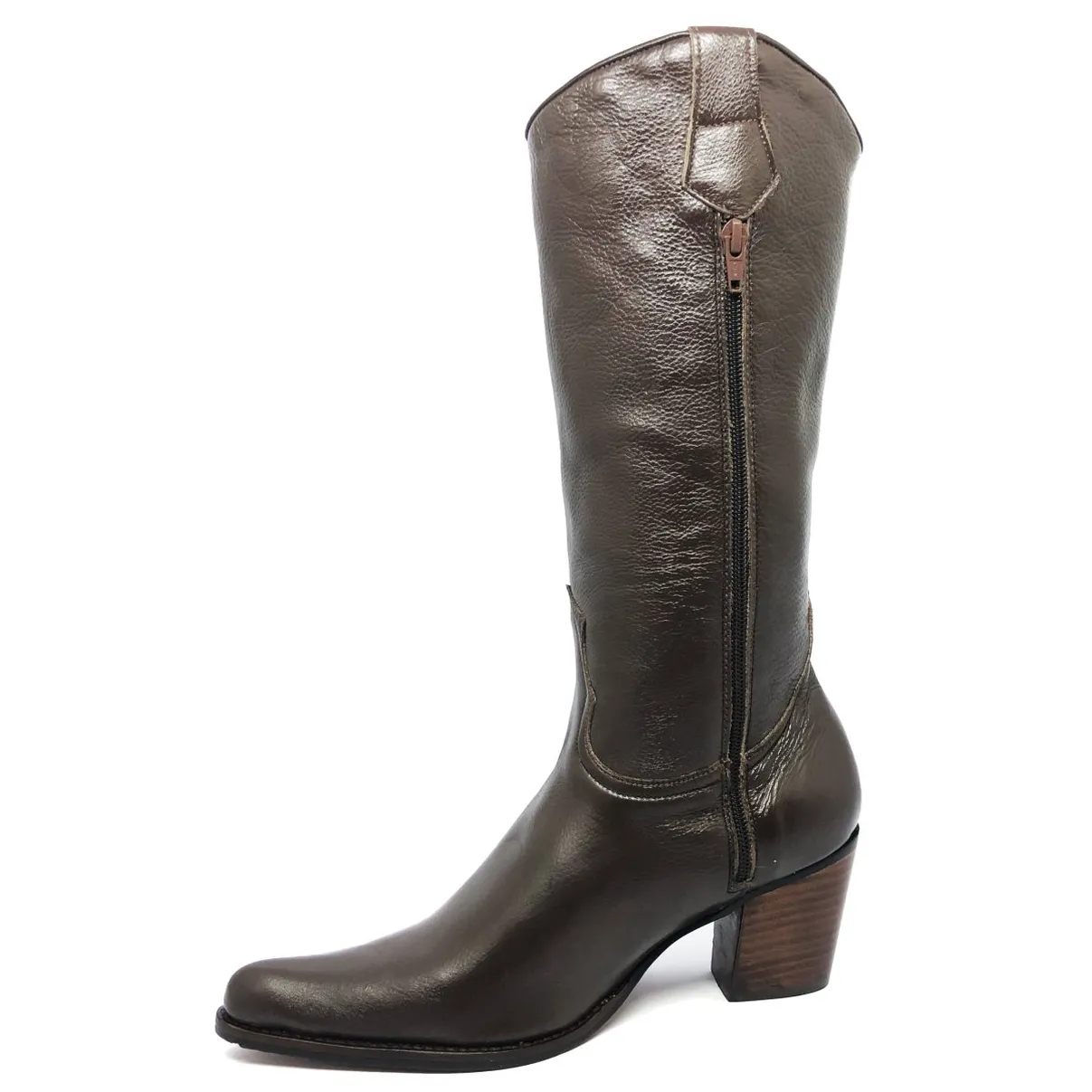 Bota Western Feminina De Couro Bovino Marrom - Cano Alto, Bico Fino