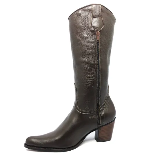 Bota Western Feminina De Couro Bovino Marrom - Cano Alto, Bico Fino