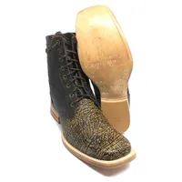 Coturno Texano Reizinho Premium de Couro Legítimo Bovino Imitação de Elefante Black Cognac - Cano Curto, Bico Quadrado - Solado de Couro Artesanal - imagem 1