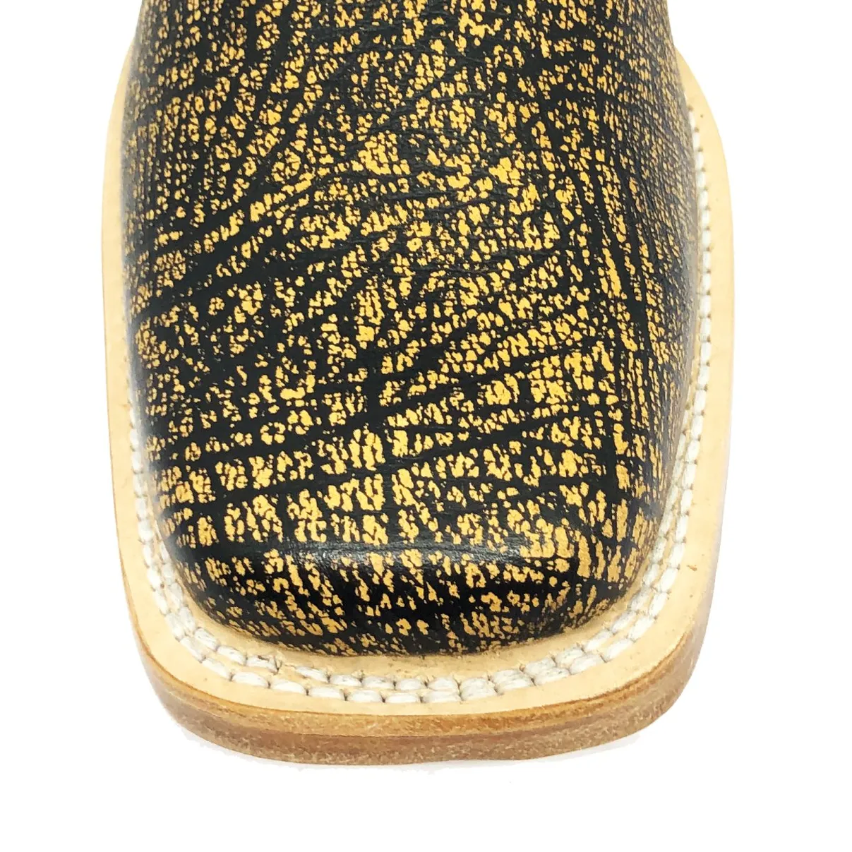 Coturno Texano Reizinho Premium de Couro Legítimo Bovino Imitação de Elefante Black Cognac - Cano Curto, Bico Quadrado - Solado de Couro Artesanal