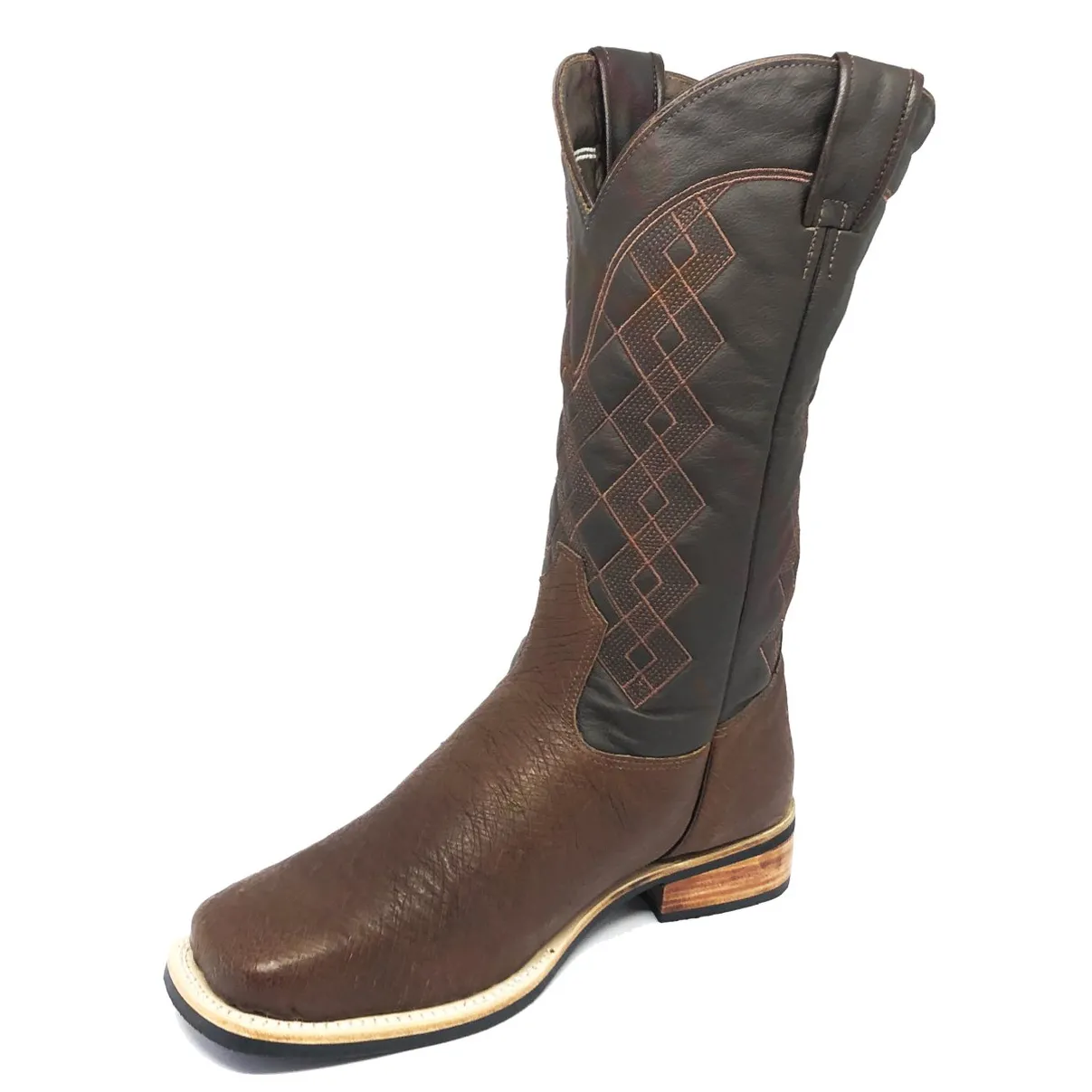 Bota de Couro de Barriga de Avestruz Marrom - Cano Alto, Bico Quadrado, Solado X-Flex Artesanal