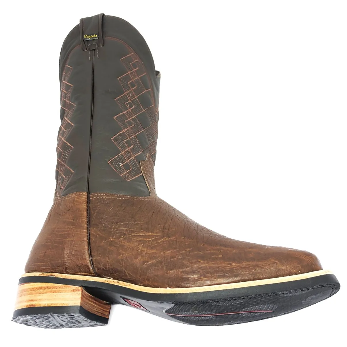 Bota de Couro de Barriga de Avestruz Marrom - Cano Alto, Bico Quadrado, Solado X-Flex Artesanal