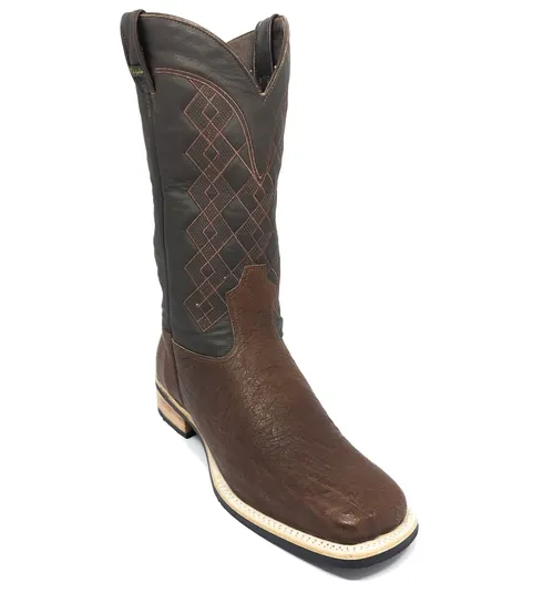 Bota de Couro de Barriga de Avestruz Marrom - Cano Alto, Bico Quadrado, Solado X-Flex Artesanal