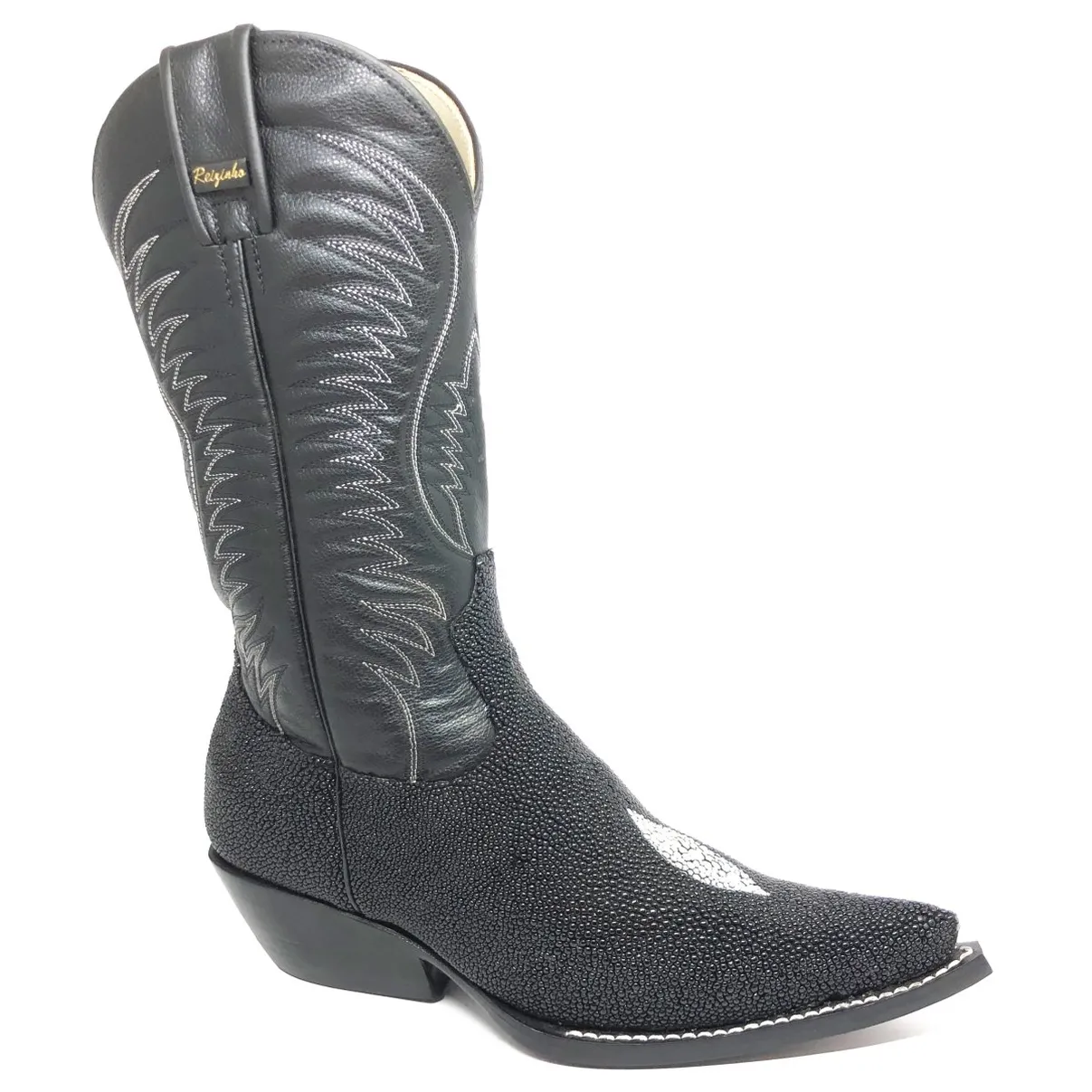 BOTA DE ARRAIA PRETA - CANO ALTO, BICO FINO, SOLADO DE COURO ARTESANAL