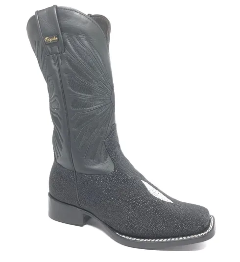 BOTA DE ARRAIA PRETA - CANO ALTO, BICO QUADRADO, ​SOLADO DE COURO ARTESANAL