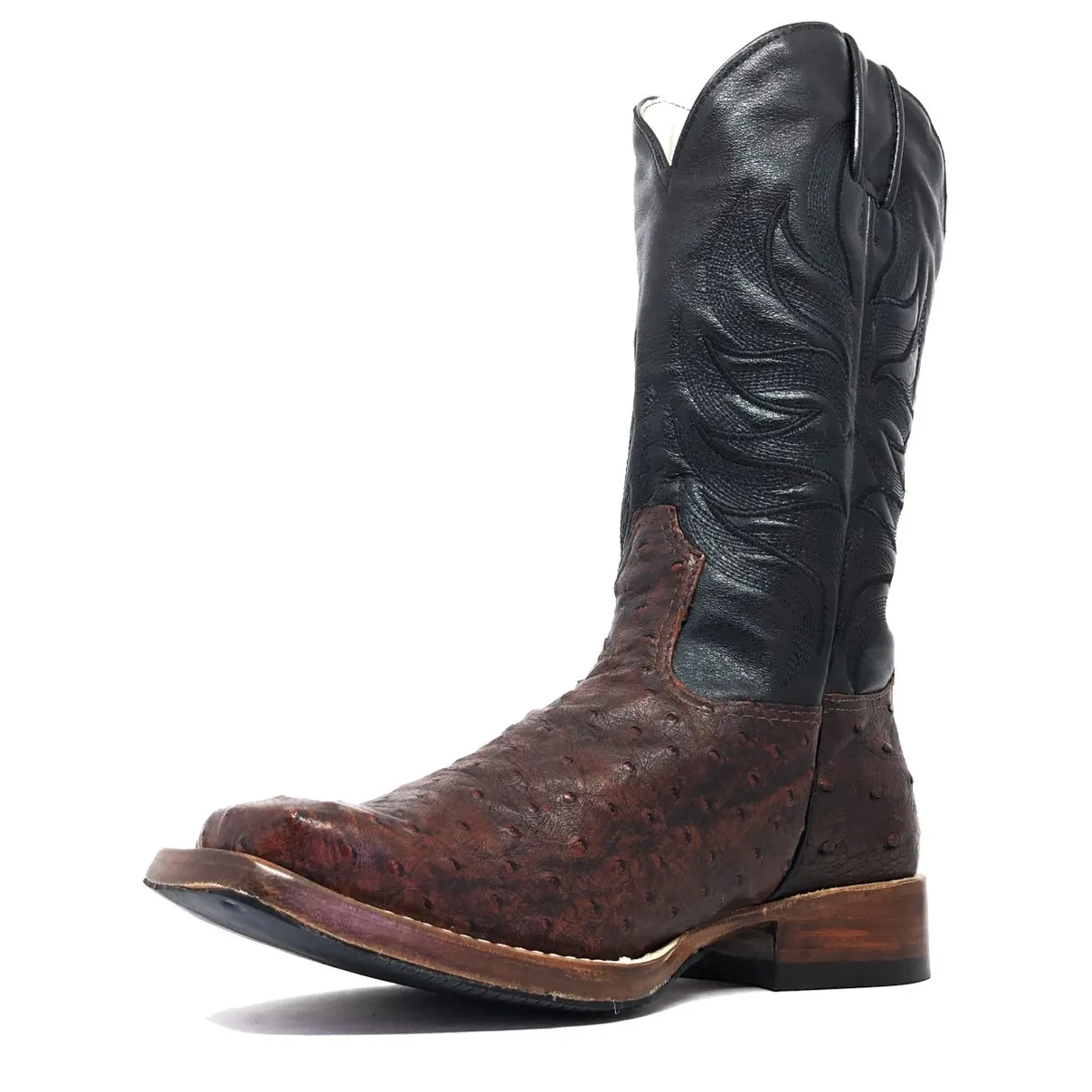 Bota de Avestruz Cheio BloodWine - Cano Alto, Bico Quadrado, Solado de Couro Artesanal