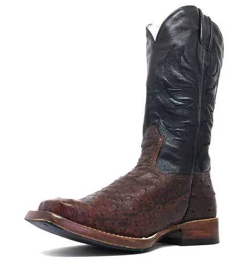 Bota de Avestruz Cheio BloodWine - Cano Alto, Bico Quadrado, Solado de Couro Artesanal