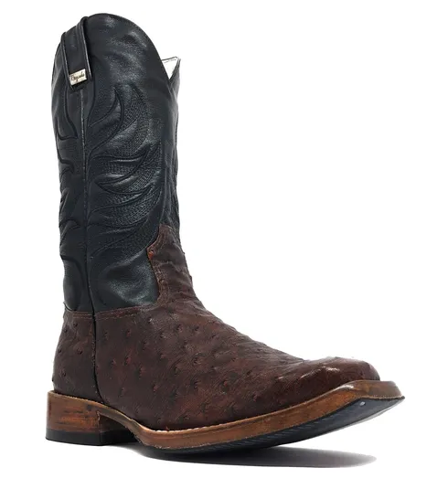 Bota de Avestruz Cheio BloodWine - Cano Alto, Bico Quadrado, Solado de Couro Artesanal
