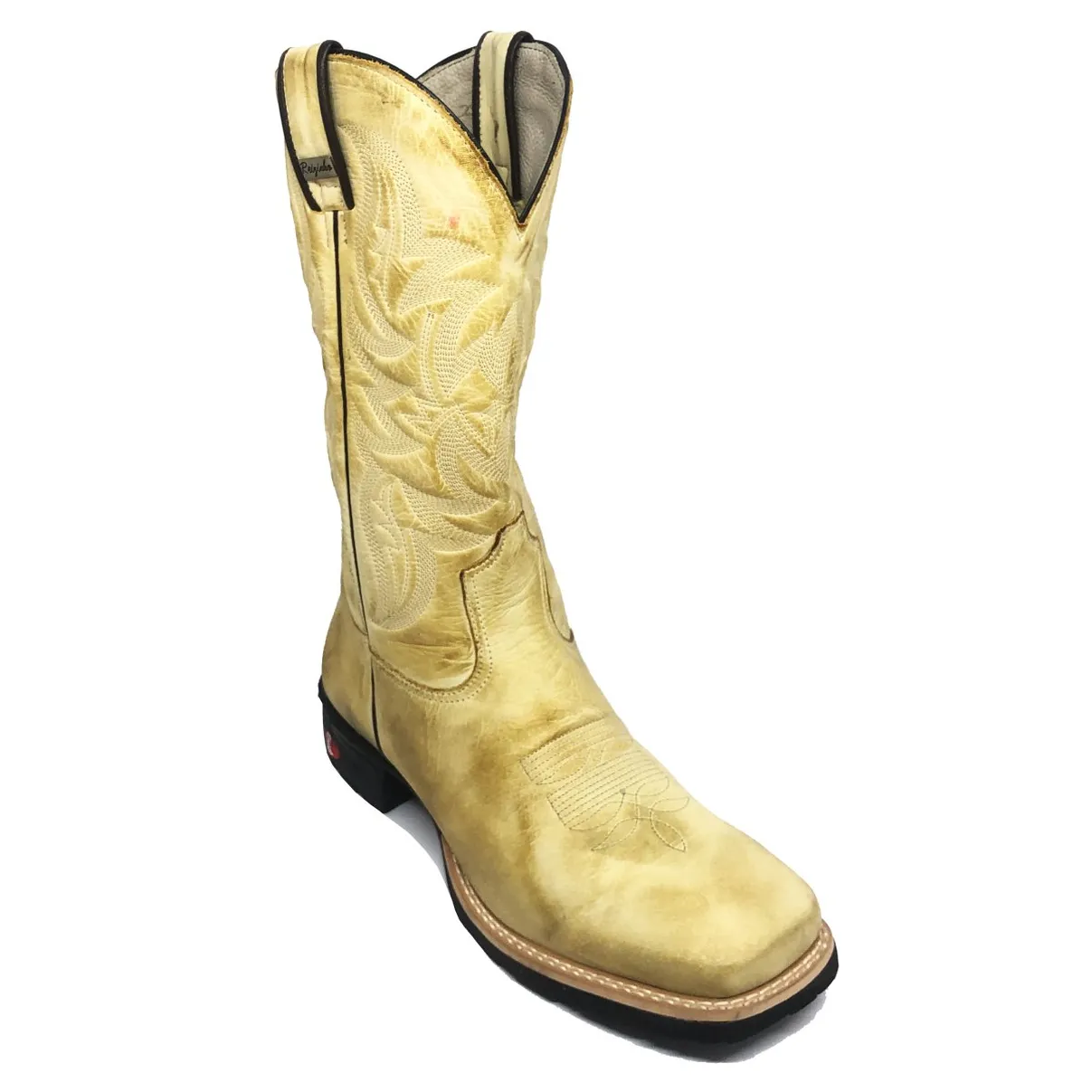 Bota Texana De Couro Bovino Bufalado Bege Old Burned - Cano Alto, Bico Quadrado - Solado Flex Comfort | Reizinho Botas
