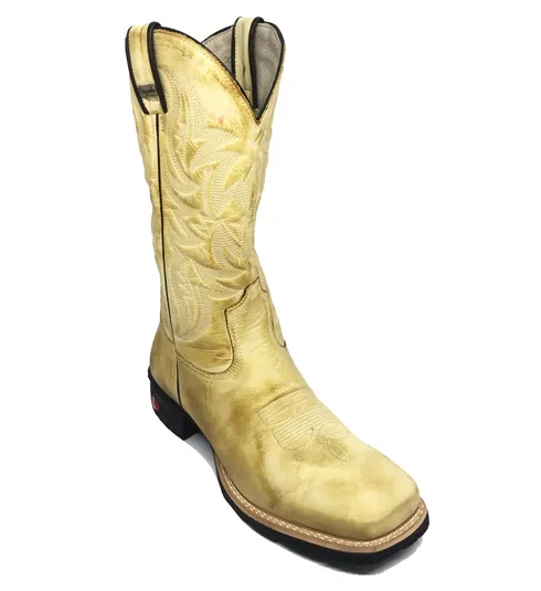 Bota Texana De Couro Bovino Bufalado Bege Old Burned - Cano Alto, Bico Quadrado - Solado Flex Comfort | Reizinho Botas