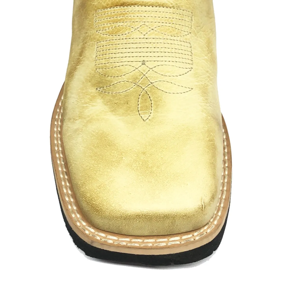 Bota Texana De Couro Bovino Bufalado Bege Old Burned - Cano Alto, Bico Quadrado - Solado Flex Comfort | Reizinho Botas