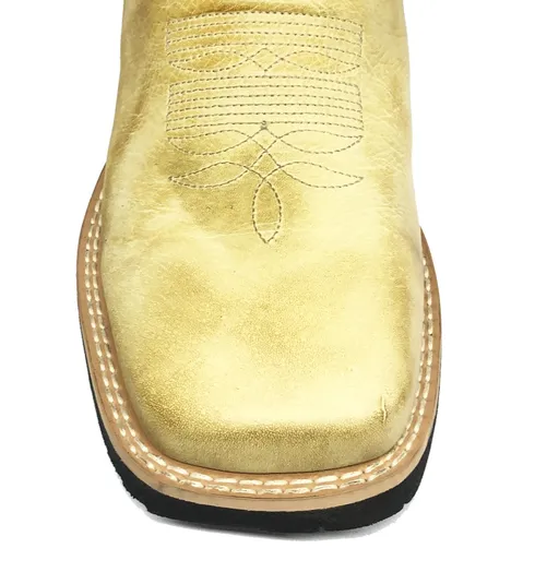 Bota Texana De Couro Bovino Bufalado Bege Old Burned - Cano Alto, Bico Quadrado - Solado Flex Comfort | Reizinho Botas