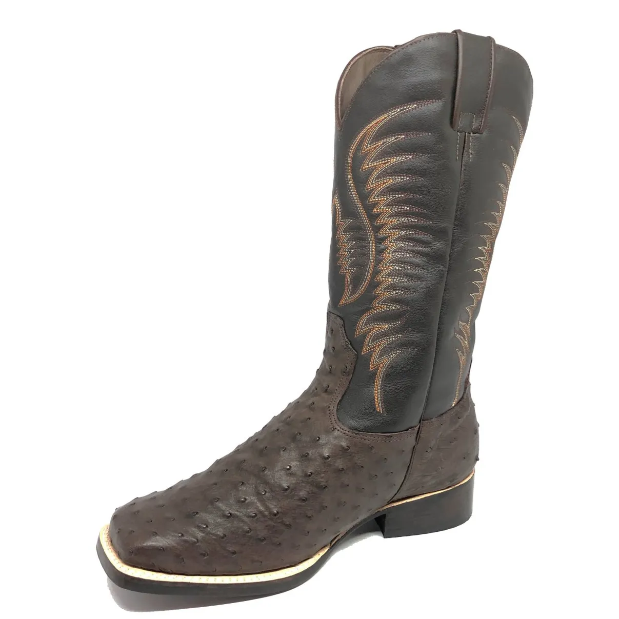 Bota de Avestruz Cheio Marrom - Cano Alto, Bico Quadrado, Solado de Couro Artesanal