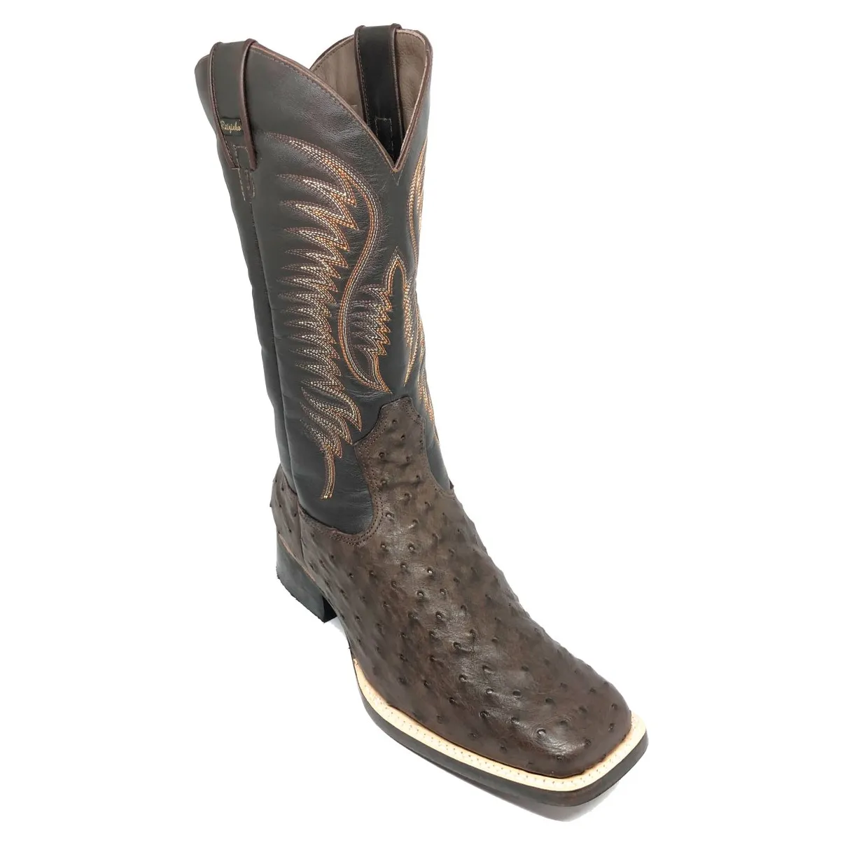 Bota de Avestruz Cheio Marrom - Cano Alto, Bico Quadrado, Solado de Couro Artesanal