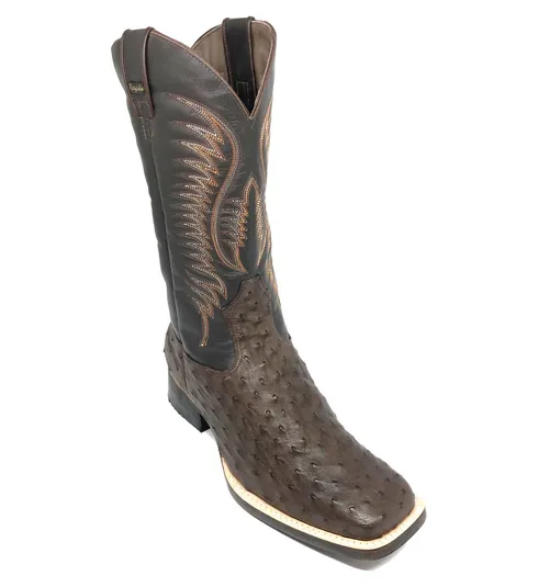 Bota de Avestruz Cheio Marrom - Cano Alto, Bico Quadrado, Solado de Couro Artesanal