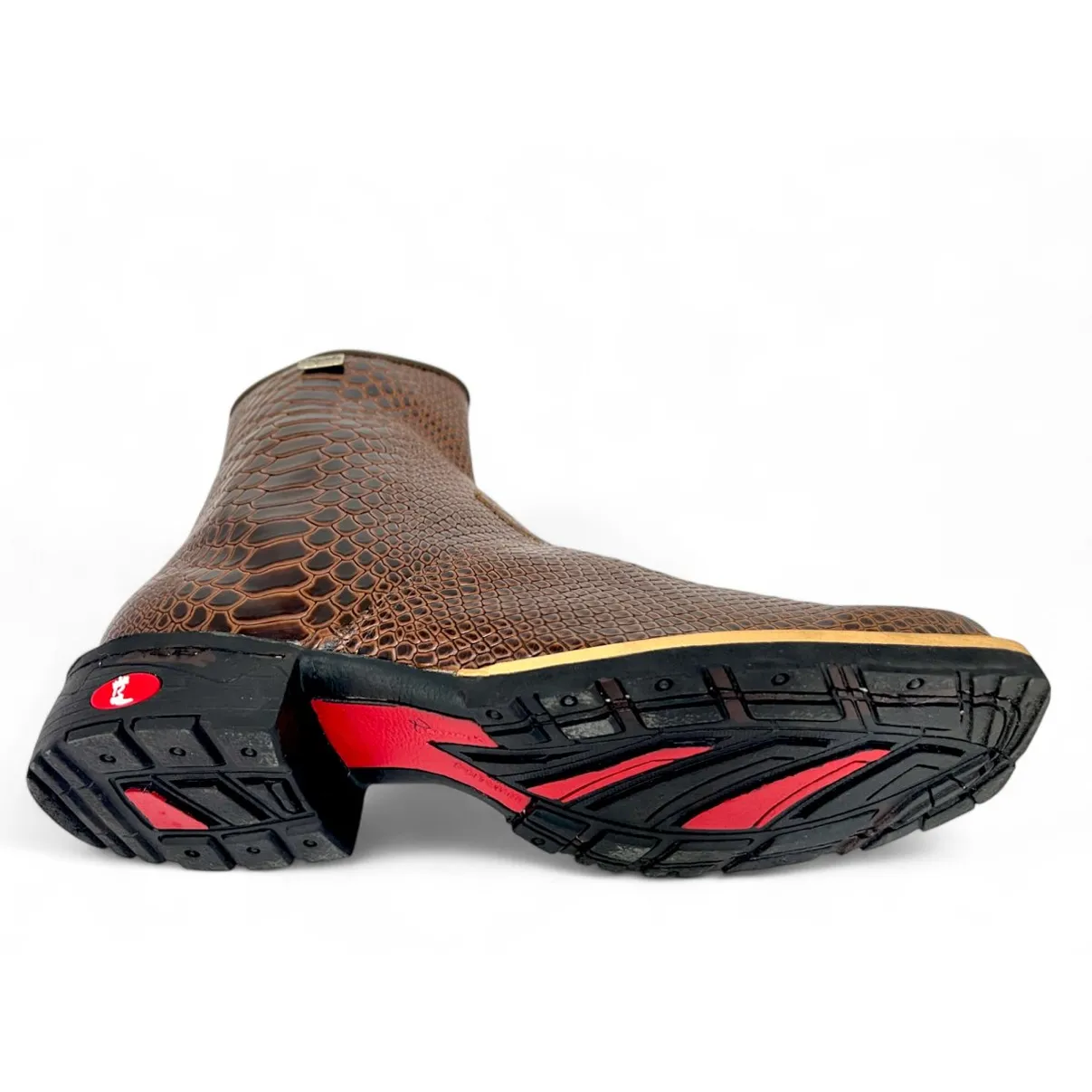 Bota Texana De Couro Bovino Imitação de Cobra Marrom - Cano Curto Zíper, Bico Quadrado - Solado Flex Comfort | Reizinho