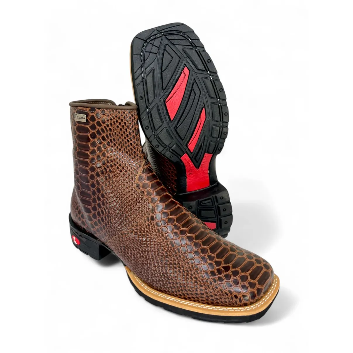 Bota Texana De Couro Bovino Imitação de Cobra Marrom - Cano Curto Zíper, Bico Quadrado - Solado Flex Comfort | Reizinho