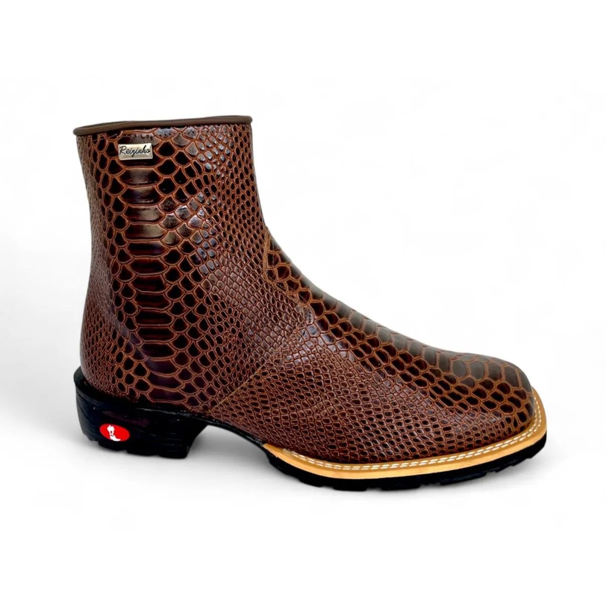 Bota Texana De Couro Bovino Imitação de Cobra Marrom - Cano Curto Zíper, Bico Quadrado - Solado Flex Comfort | Reizinho