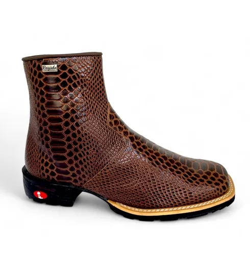 Bota Texana De Couro Bovino Imitação de Cobra Marrom - Cano Curto Zíper, Bico Quadrado - Solado Flex Comfort | Reizinho