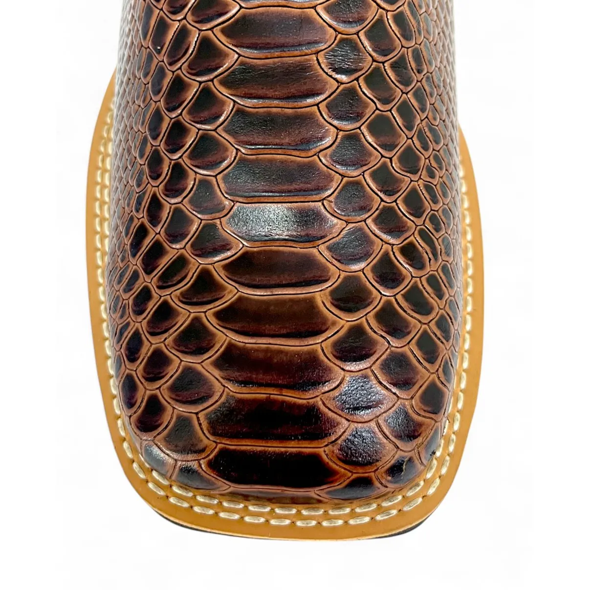Bota Texana De Couro Bovino Imitação de Cobra Marrom - Cano Curto Zíper, Bico Quadrado - Solado Flex Comfort | Reizinho