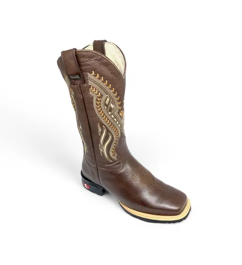 Bota Texana De Couro Bovino Marrom - Cano Alto, Bico Quadrado - Solado Flex Comfort | Reizinho Botas