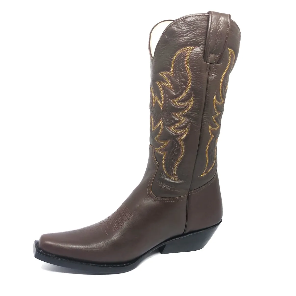 Bota Texana de Couro Bovino Marrom Café - Cano Alto, Bico Fino Quadradinho - Solado de Couro Artesanal | Reizinho Botas