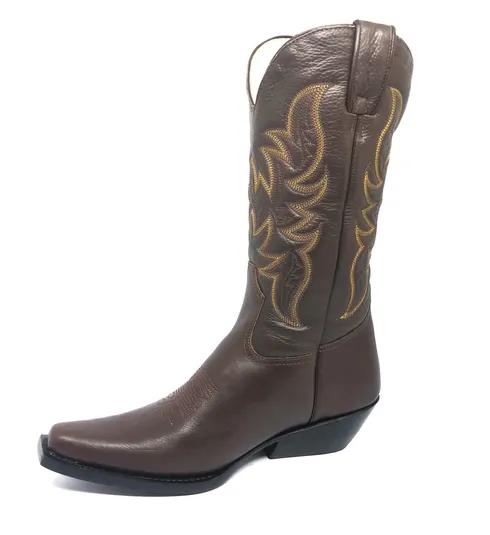 Bota Texana de Couro Bovino Marrom Café - Cano Alto, Bico Fino Quadradinho - Solado de Couro Artesanal | Reizinho Botas