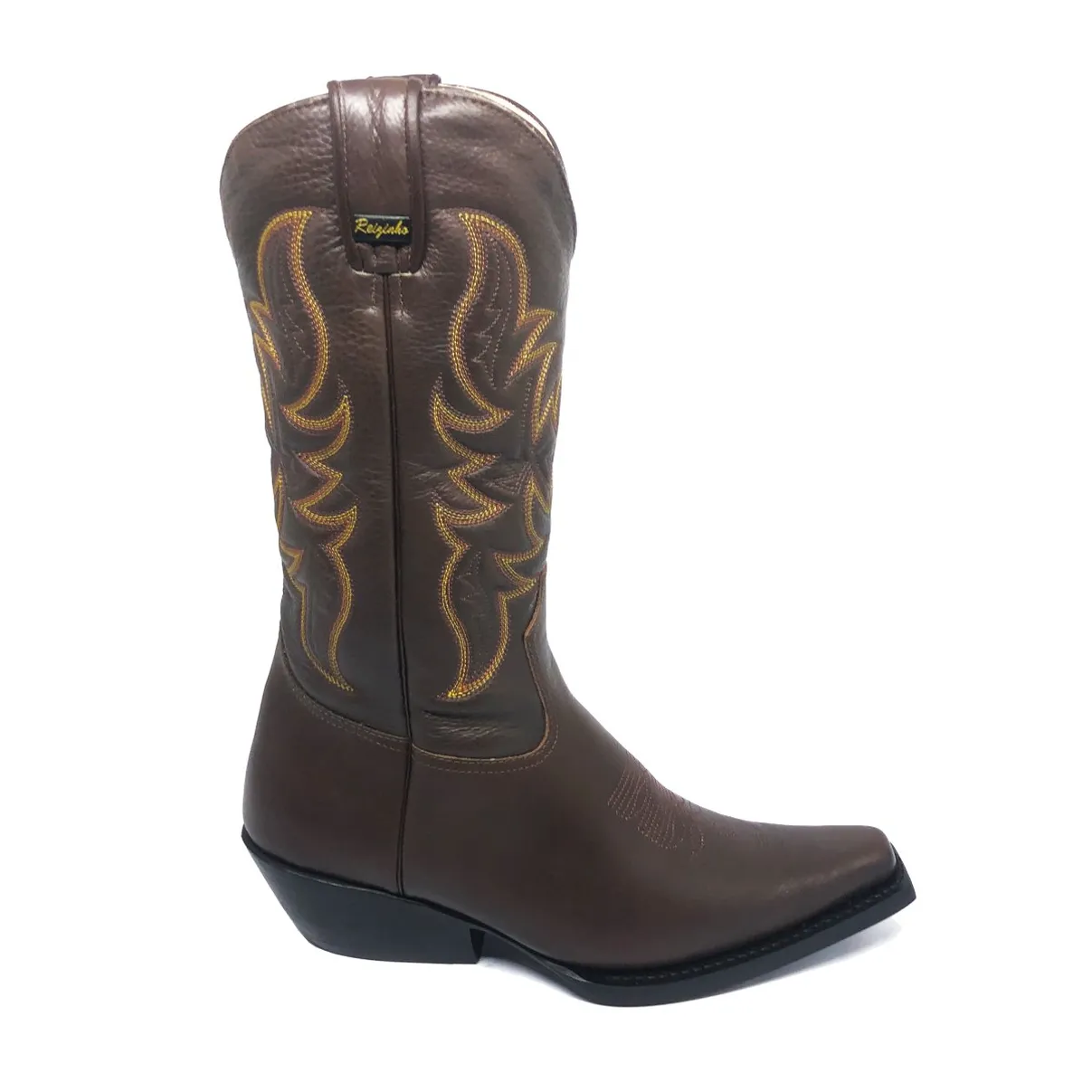Bota Texana de Couro Bovino Marrom Café - Cano Alto, Bico Fino Quadradinho - Solado de Couro Artesanal | Reizinho Botas