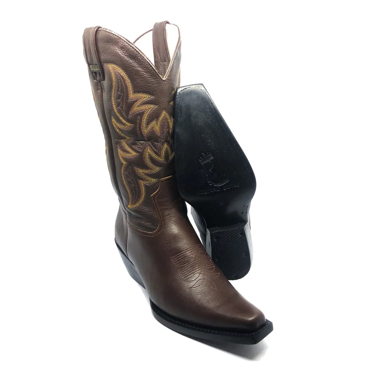 Bota Texana de Couro Bovino Marrom Café - Cano Alto, Bico Fino Quadradinho - Solado de Couro Artesanal | Reizinho Botas