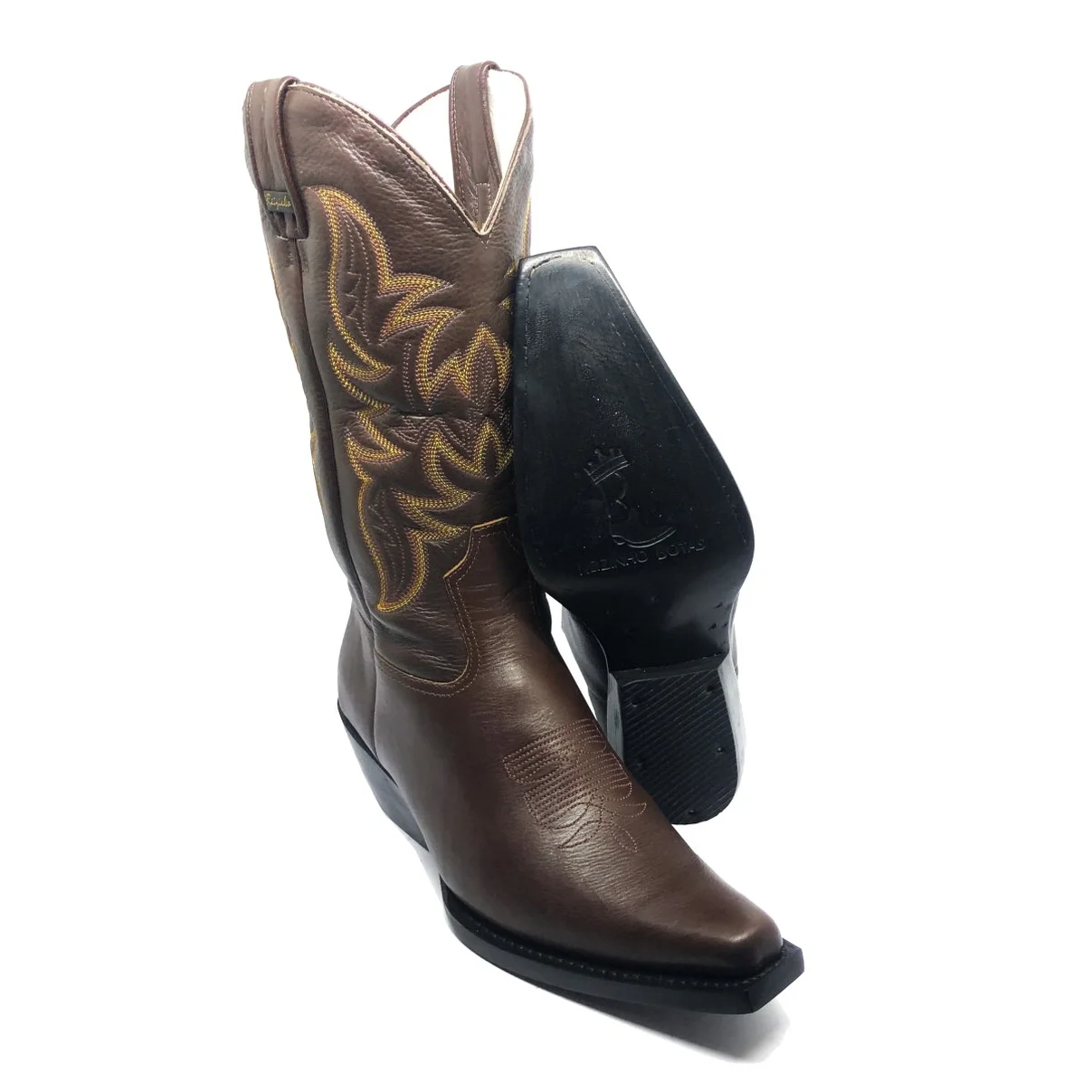 Bota Texana de Couro Bovino Marrom Café - Cano Alto, Bico Fino Quadradinho - Solado de Couro Artesanal | Reizinho Botas