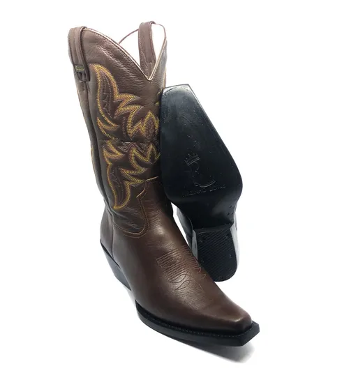 Bota Texana de Couro Bovino Marrom Café - Cano Alto, Bico Fino Quadradinho - Solado de Couro Artesanal | Reizinho Botas