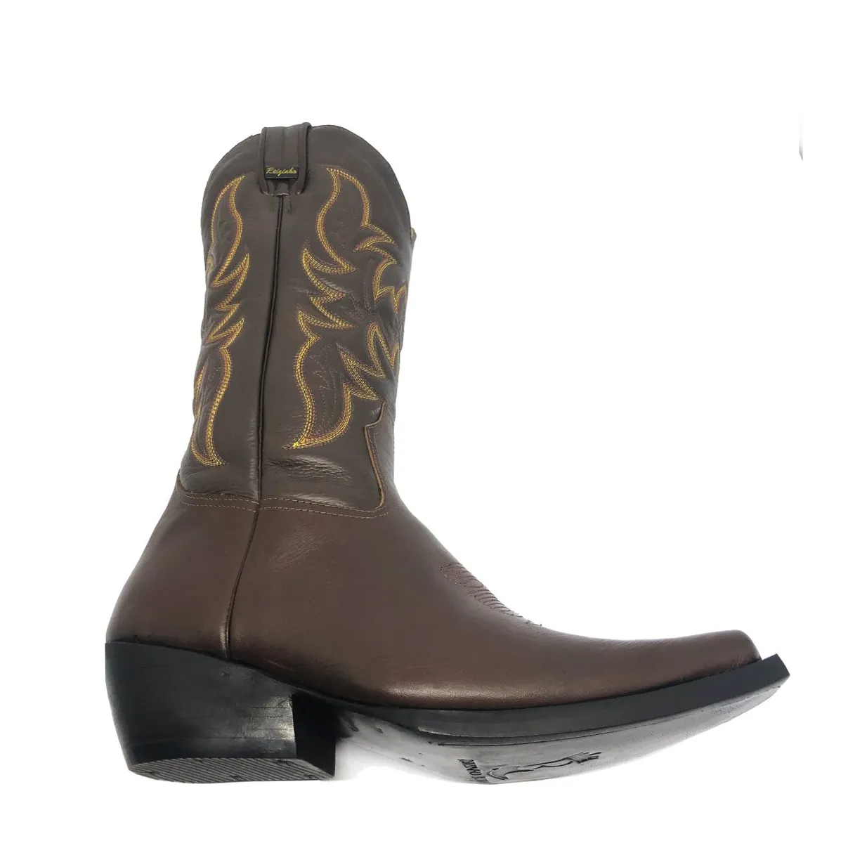 Bota Texana de Couro Bovino Marrom Café - Cano Alto, Bico Fino Quadradinho - Solado de Couro Artesanal | Reizinho Botas
