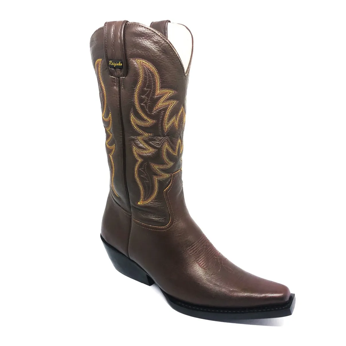 Bota Texana de Couro Bovino Marrom Café - Cano Alto, Bico Fino Quadradinho - Solado de Couro Artesanal | Reizinho Botas