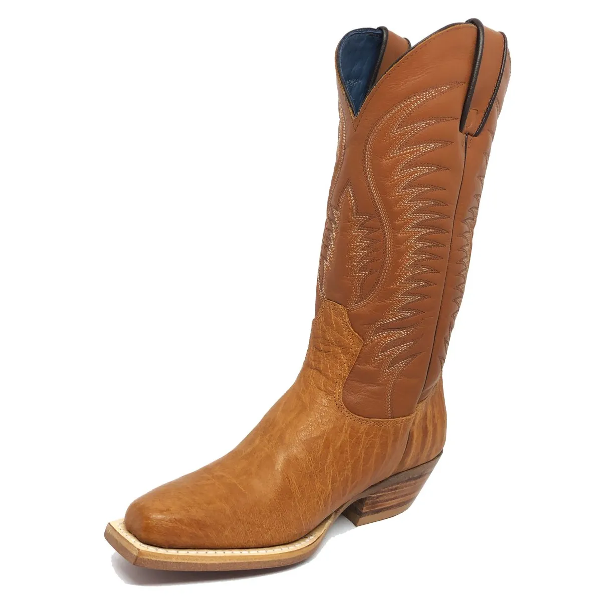 BOTA DE BARRIGA DE AVESTRUZ CONHAQUE - CANO ALTO, BICO QUADRADINHO, SOLADO DE COURO ARTESANAL