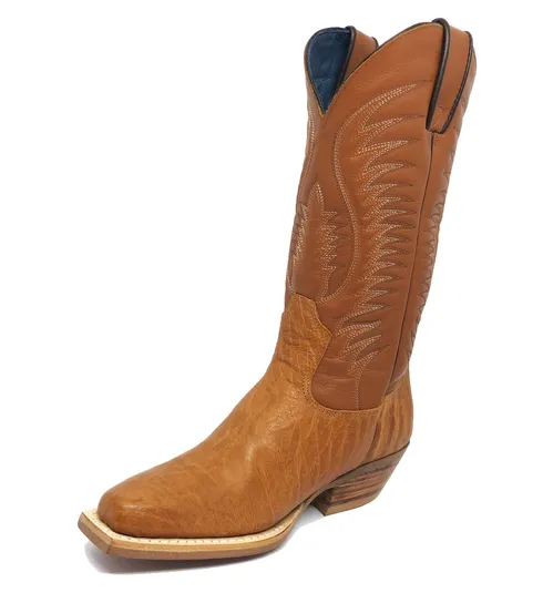BOTA DE BARRIGA DE AVESTRUZ CONHAQUE - CANO ALTO, BICO QUADRADINHO, SOLADO DE COURO ARTESANAL