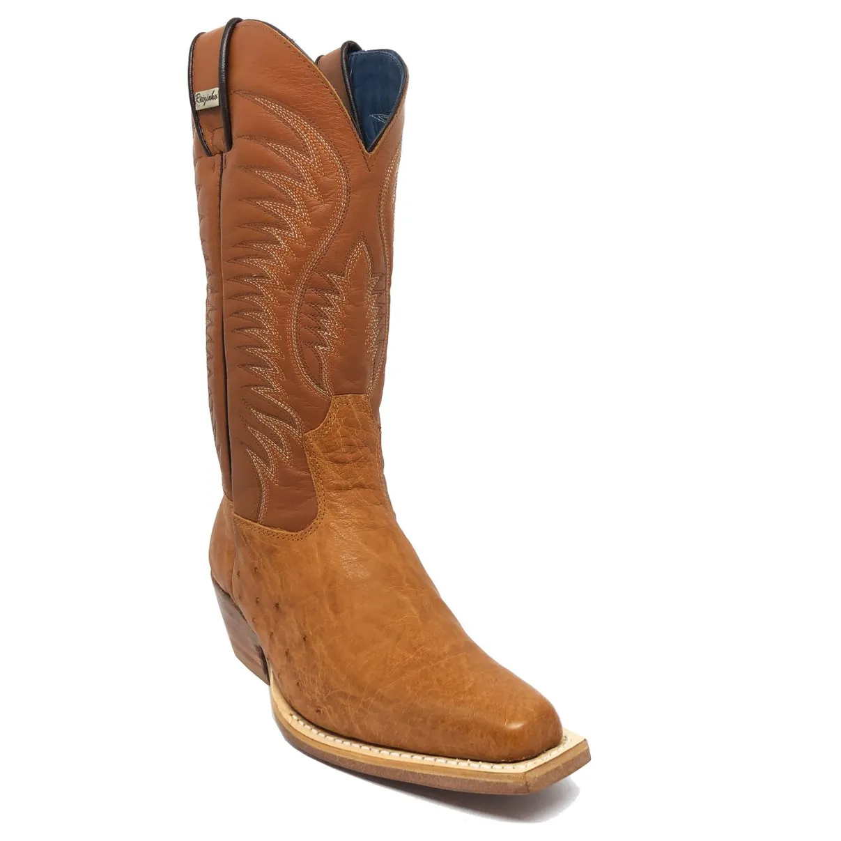 BOTA DE BARRIGA DE AVESTRUZ CONHAQUE - CANO ALTO, BICO QUADRADINHO, SOLADO DE COURO ARTESANAL