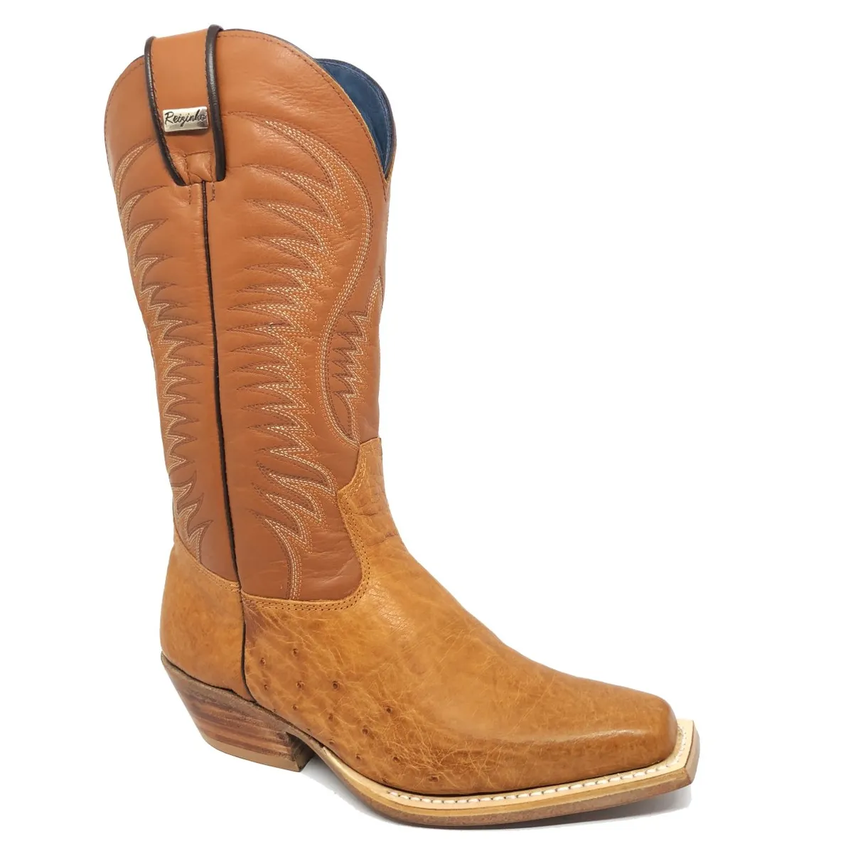 BOTA DE BARRIGA DE AVESTRUZ CONHAQUE - CANO ALTO, BICO QUADRADINHO, SOLADO DE COURO ARTESANAL