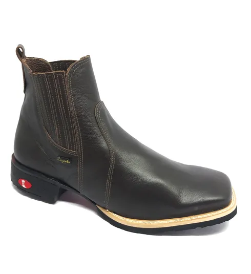 Bota Texana De Couro Bovino Marrom Café - Cano Curto Elástico, Bico Quadrado - Solado Flex Comfort