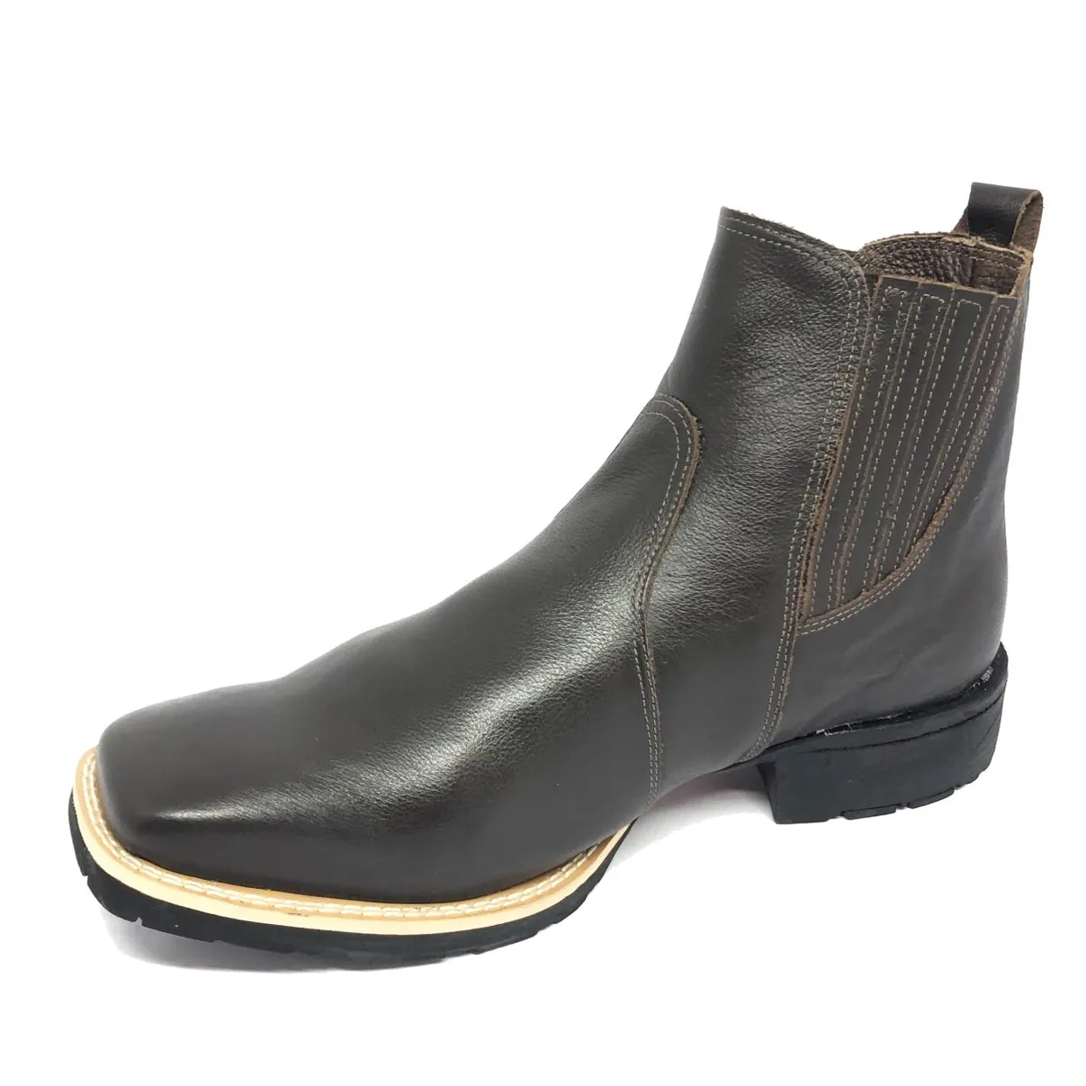 Bota Texana De Couro Bovino Marrom Café - Cano Curto Elástico, Bico Quadrado - Solado Flex Comfort
