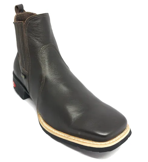 Bota Texana De Couro Bovino Marrom Café - Cano Curto Elástico, Bico Quadrado - Solado Flex Comfort