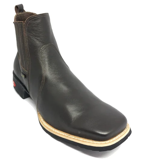Bota Texana De Couro Bovino Marrom Café - Cano Curto Elástico, Bico Quadrado - Solado Flex Comfort