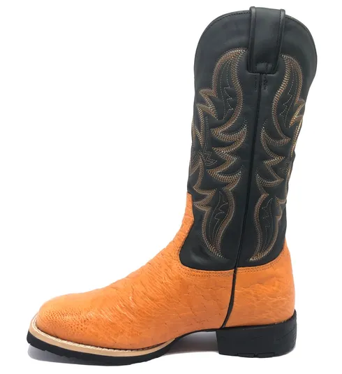 Bota de Barriga de Avestruz Laranja - Cano Alto, Bico Quadrado, Solado Flex Comfort