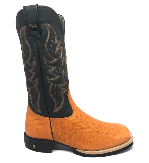 Bota de Barriga de Avestruz Laranja - Cano Alto, Bico Quadrado, Solado Flex Comfort