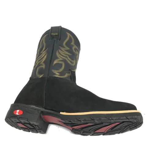 Bota Texana De Couro Bovino Bufalado Preto - Cano Médio, Bico Quadrado - Solado Flex Comfort